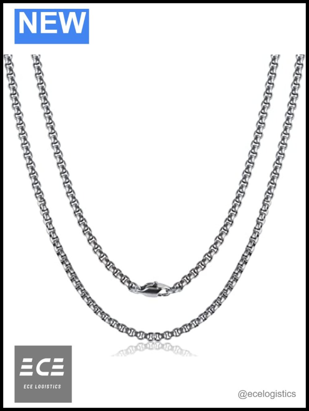 Pure Titanium Necklace 3mm Square Rolo Box Chain Lobster Clasp 19.68 in